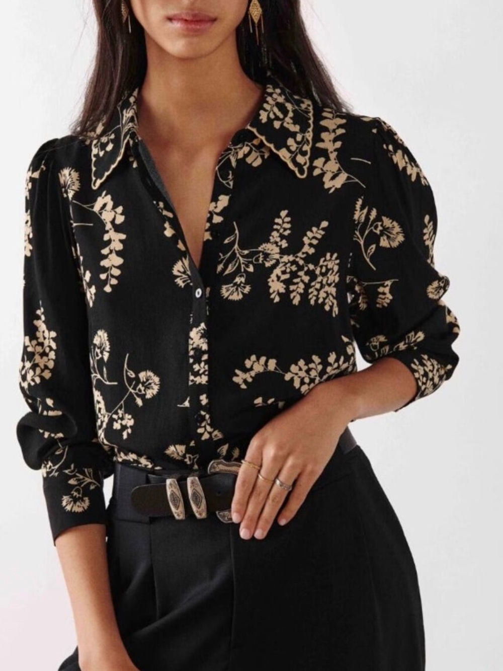 ba&sh Selym Floral Print Button Up Lady Shirt Black Cream Size XS